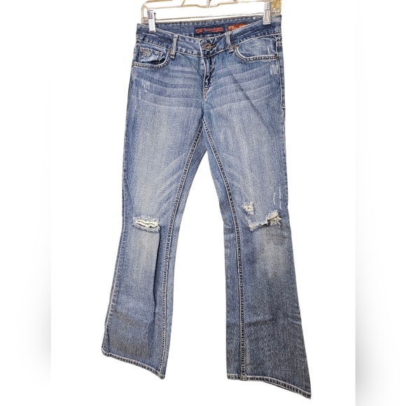 Vintage Y2k Distressed Chip And pepper Lowrise Flare Jeans. Size 7 - Picture 1 of 5